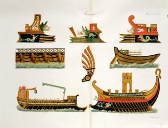 Roman Ships with Details of Figureheads, plate 23, class 5 from Part I of The History of the Nations, engraved by Simonetti