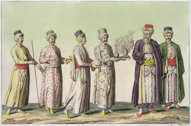 Servants carrying a pipe, a vase of sweets, coffee, a brazier and a jug of rosewater, plate 57 from Part III, Volume I of 