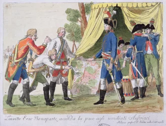 Signing of the Treaty of Campo Formio between France, represented by Bonaparte, and Austria, represented by Cobenzl, in 1797