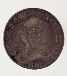 Silver Italian coin (half ecu) from Sardinia kingdom: reign of Charles Emmanuel III of Sardinia. 1756. Naples, museo archeologico