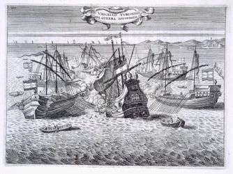 Sinking a Turkish warship (engraved by H. Vincent, 1701)