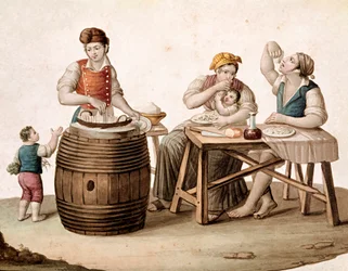 Old Trade: Maccheroni Seller and Customers Eating Italian Pasta