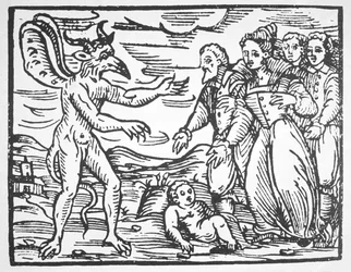 Sorcerers presenting a child to the Devil, from Compendium Maleticarum by Fr M Guaccius (1608) illustrated in a history of magic published late 19th century