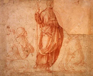 Standing Saint with Two Supplicants