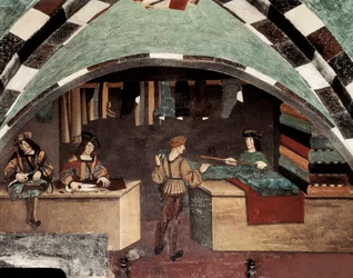Tailor shop. One man is sewing, another is cutting the fabric and a third is selling the textile to a client. Fresco Castle Issogne (15th century)