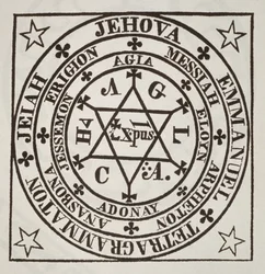 The Great Magic Circle of Agrippa for the Evocation of Demons, copy of an illustration from Les Oevres Magiques de Henri Corneille Agrippa, Rome 1744, used in a History of Magic, published late 19th century