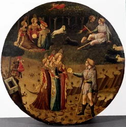 The Judgment of Paris. The shepherd Paris has to choose which of the three goddesses, Athena, Aphrodite or Hera, he will give the golden apple to as the most beautiful. Painting of the Italian school of the 15th century, Florence, Museo Nazionale del