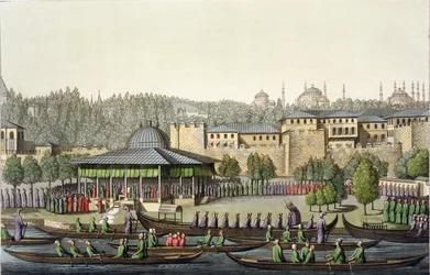 The Presentation of the Admiral to the Sultan, plate 14 from Part III, Volume I of The History of the Nations, engraved by Giacomo Bussi, c. 1820