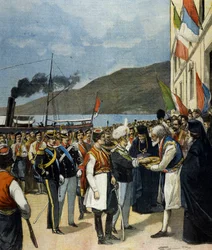 The Prince of Naples - later Victor Emmanuel III (Victor-Emmanuel) (Vittorio Emanuele) - receives in Rijeka, according to tradition, bread and salt from the family of Helene of Montenegro.