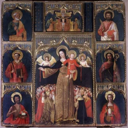 The Virgin with Christ Child: Altarpiece of Our Lady of the Rosary. Six saints surround the Virgin: Saint Peter, Saint John the Baptist holding the Lamb of God, Saint Barthelemy, Saint Stephen, Saint Julian, Saint Mary Madeleine. Above, the crucifixion