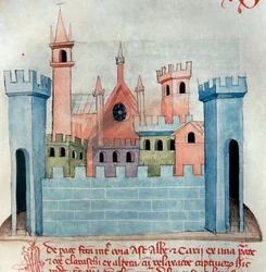 The city of Cherasco in the province of Coni in Piemont in Italy. Church and wall and fortification tower of the medieval city. Page of Codex Astensis or Malabayla. 13th century miniature. Asti, Archivio Storico Comunale