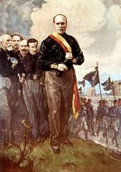 The march on Rome: Benito Mussolini walking towards Rome surrounds black shirts on 28/10/1922 after the painting of S.Galimberti.