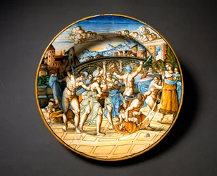 The massacre of the innocents. Ceramic plate produced in Urbino in the workshop Fontana, Italy. Circa 1566. National Museum of Bargello, Florence, Italy