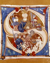 The massacre of the innocents: King Herod I the Great (73-4 BC) orders a representative to massacre the newborns of Bethlehem. Illuminated initial from a manuscript of the Umbrian school. 14th century. Città di Castello, Biblioteca Civ