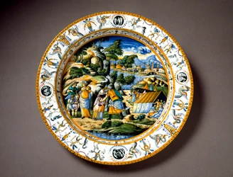 The meeting of Aaron and Moses. Ceramic plate produced in Urbino in the workshop Fontana, Italy. Circa 1550. National Museum of Bargello, Florence, Italy
