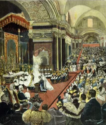 The religious marriage of the future King Victor Emmanuel III (Victor-Emmanuel) (Vittorio Emanuele) with Princess Helena of Montenegro in the Church of Santa Maria degli Angeli in Rome in 1896.