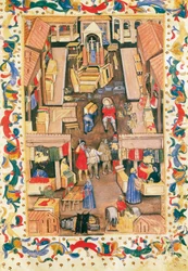 The walk of the square Ravegnana in Bologna with cloth merchant