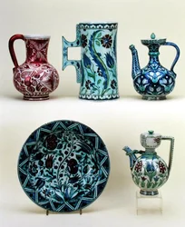 Jug; Large Tankard; Oriental Coffee Pot; Charger; Oriental Coffee Pot, all maiolica from Cantagalli Factory