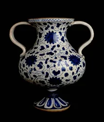 Two-handled polychrome lustre-ware baluster vase with blue and white decoration, Italian, made in Deruta, early 16th century