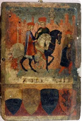 Two tax inspectors. Biccherna (cover of the accounting register of the city of Siena). National Archive - Museo delle Tavolette de Bicherna, Siena. Late 14th - early 15th century.