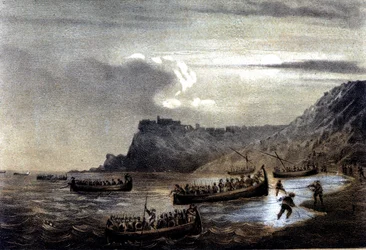 Unite of Italy: expedition of the Thousand or Red Shirts led by Giuseppe Garibaldi (1807-1882). The departure of the first fleet of Garibaldians towards Calabria at Fort Stella. Lithograph of the 19th century