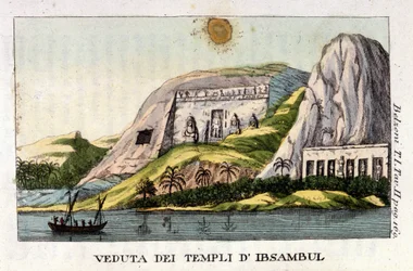 View of Abu Simbel Temple. Giovanni Battista (Gianbattista) Belzoni (1778-1823), Italian explorer and archeologist, made important archeological discoveries in Egypt. Engraving - in “Viaggio in Egitto e in Nubia” by Belzoni, Milan