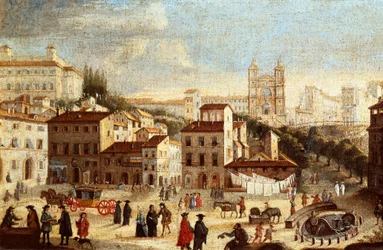 View of Piazza di Spagna, with the Church Trinita dei Monti in Rome
