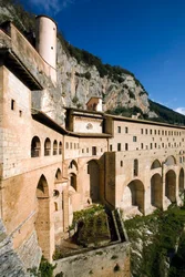 View of the Monastery of St. Benedetto (Sacro Speco) built from the 12th century, Subiaco (Rome), Italy