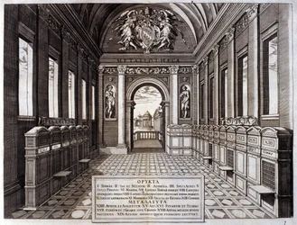 View of the museum of Michele Mercati, steward of the Vatican Botanical Gardens. Engraving from 