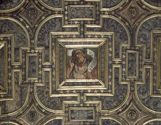 View of the panelled ceiling with painted panels
