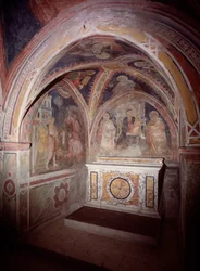 View of the upper church presbytery with the altar in the cosmatesque style