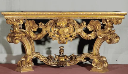 Wall table with alabaster top made by a Genoese artist (18th century) carved in gilded wood