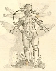 Illustration of Infans capitibus Animalium from Aldrovandi