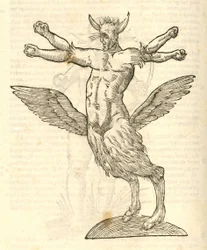 Illustration of Monstrum tetrachiron alatum capite humano aurito from Aldrovandi