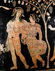 Detail of a vase from Ruvo in Apulia (Apulia) depicting two young married couples. They hold a cup of wine in their hands. 4th century BC. National Archaeological Museum, Naples