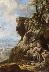 Saint Francis in Ecstasy by a Rocky Outcrop, a Landscape Beyond