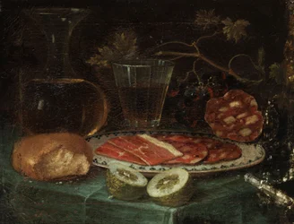 Still Life with Bread, Glass Carafe, Wine Glass, Plate with Ham and Sausage, Lemon, and Pearl-handled Knife
