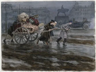 Family moving its belongings on cart (from the series of watercolors Russian revolution)