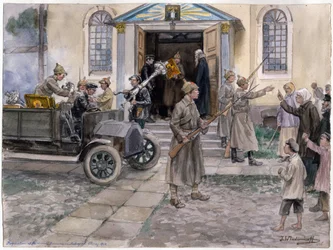 Requisition of church treasures in Petrograd on 5th May 1922, from the watercolour series Russian Revolution, by Ivan Alexeyevich Vladimirov (1869-1947), 1922