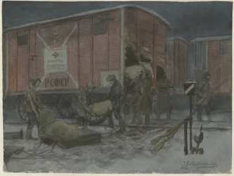 Soldiers plundering a railway wagon from the series of watercolors Russian revolution, 1922