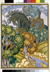 Ilia Muromets Perched in a Tree Observing the Return of the Giant Carrying a Crystal Chest