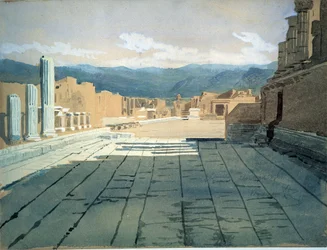 View of the forum ruins in Pompeii, in the Bay of Naples, before Mount Vesuvius. Work by Ivan Nikolayevich Kramskoi