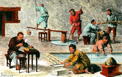 Paper making in China: different stages of production of paper sheets from the bark. Drawing by Ivan Pranishnikoff (19th century)