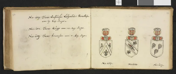 Illustration from a private archive in the National Library titled Insignia quædam virorum illustrium in Norvegia quodam habitantium by Iver Nielssøn Hirtzholm