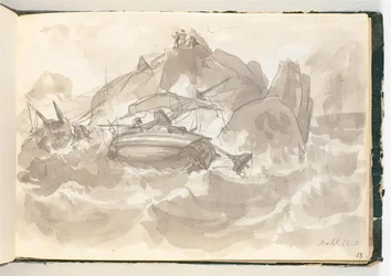 Shipwreck at a Rocky Coast. Some Men Stand on a Rock and Watch