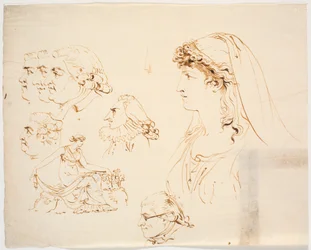 Six Male and One Female Profile Head and Woman in Classical Dress Picking Flowers