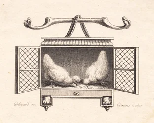 Vignette Depicting Two Chickens Pecking Grain