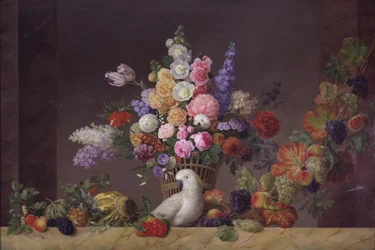 A basket of flowers, a cockatoo and a fruit vine