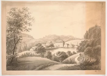 Several Adjacent Buildings, Including a Main Building and Smaller Houses with Chimneys, by a Stream or Lake, Surrounded by Trees and Hills