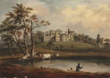 A View of Hornby Castle, Yorkshire, with an Angler and Cattle on the Banks of the River Wenning